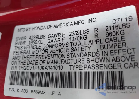2019 Honda Accord Lx from USA, damaged, VIN 1HGCV1F10KA141010